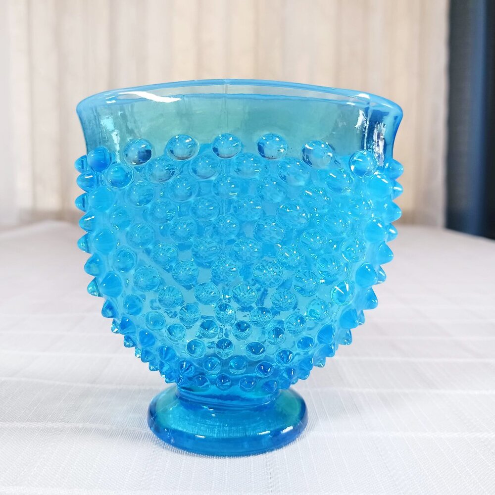 Fenton Blue Opalescent Hobnail Glass Mini Fan Vase, 3.5" High